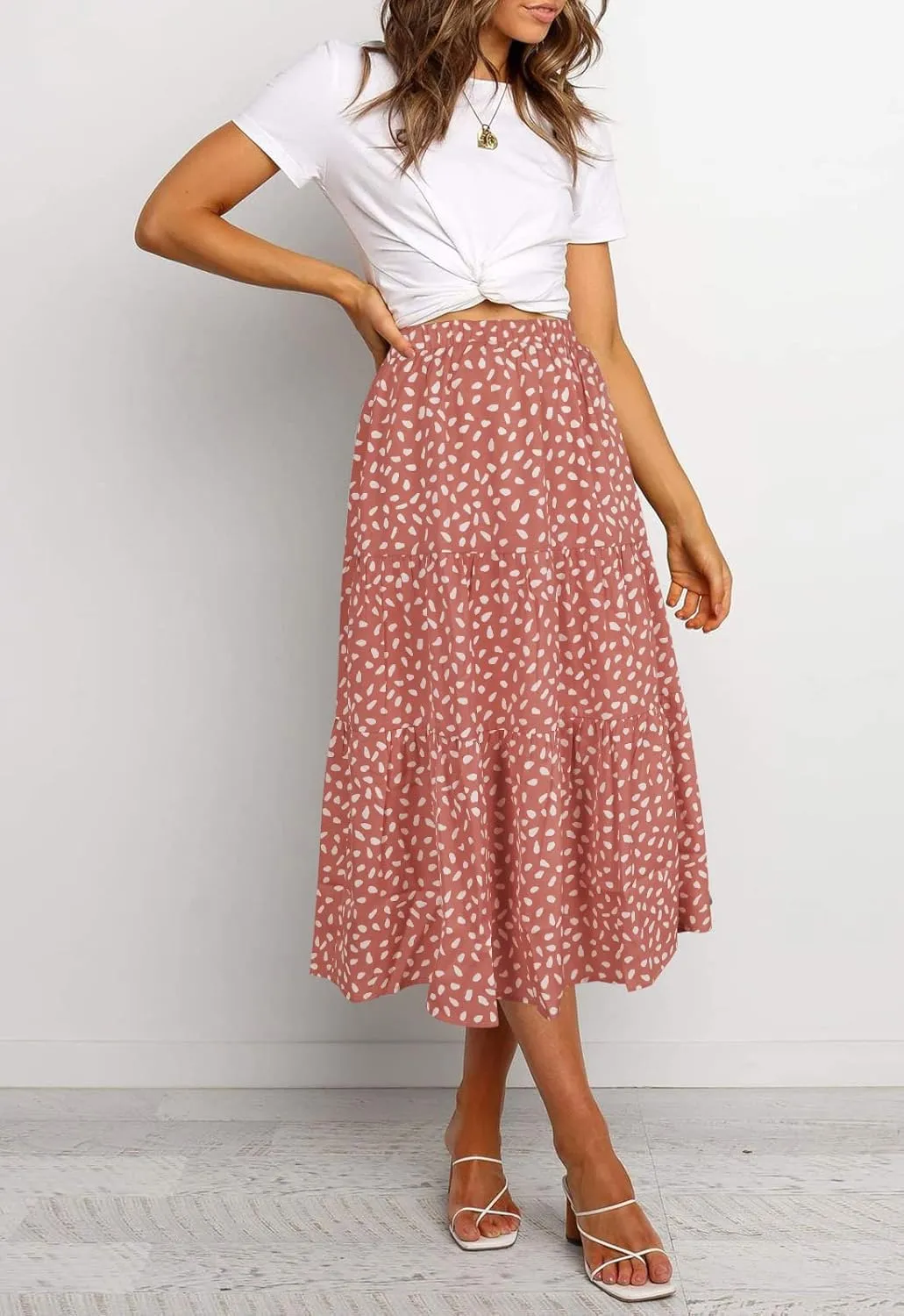 MEROKEETY Women's Boho Leopard Print Skirt Pleated A-Line Swing Midi Skirts