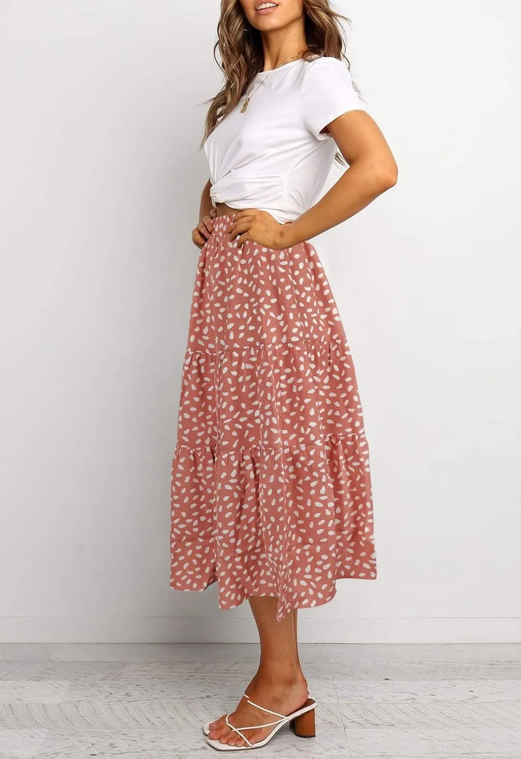 MEROKEETY Women's Boho Leopard Print Skirt Pleated A-Line Swing Midi Skirts