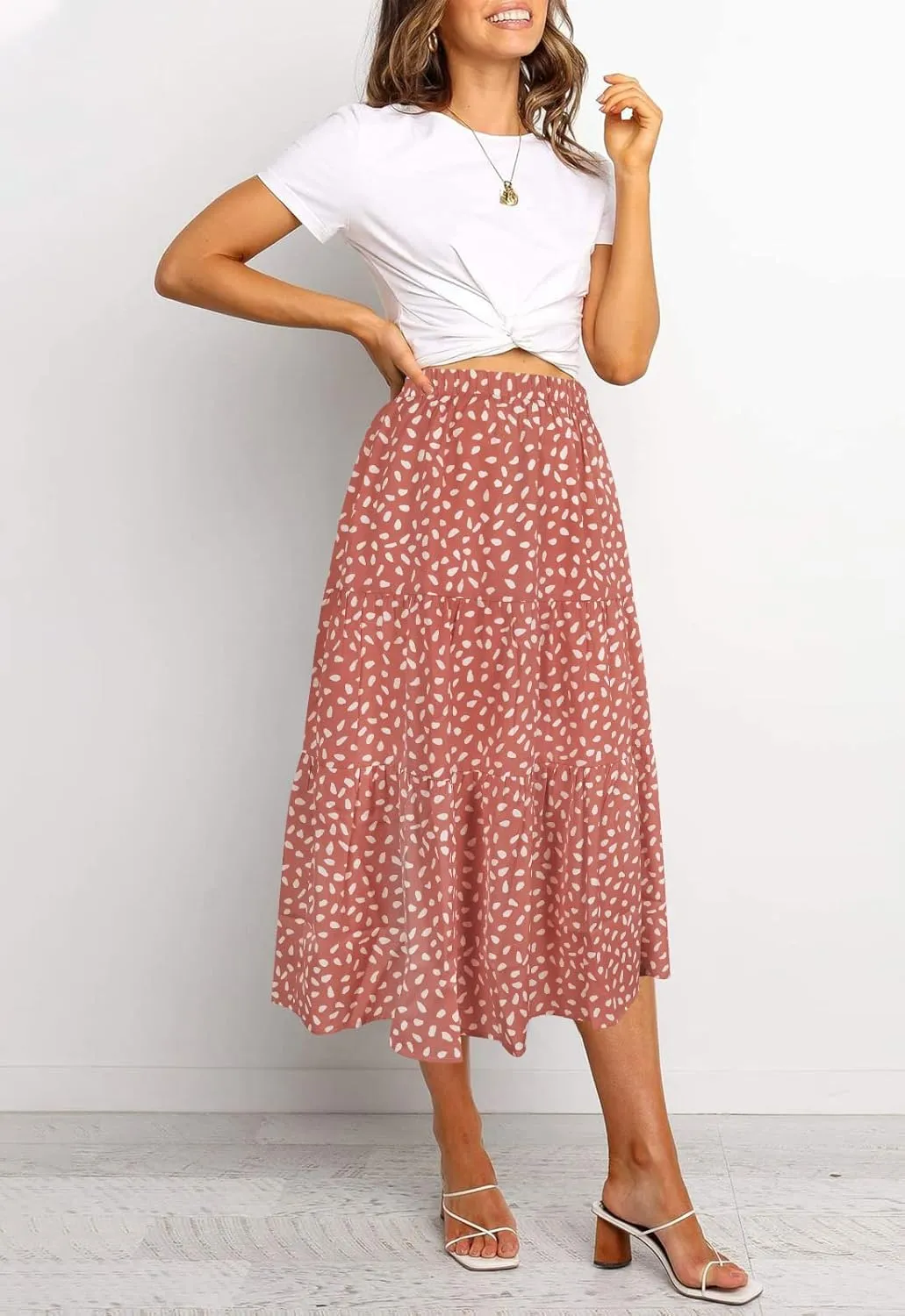 MEROKEETY Women's Boho Leopard Print Skirt Pleated A-Line Swing Midi Skirts