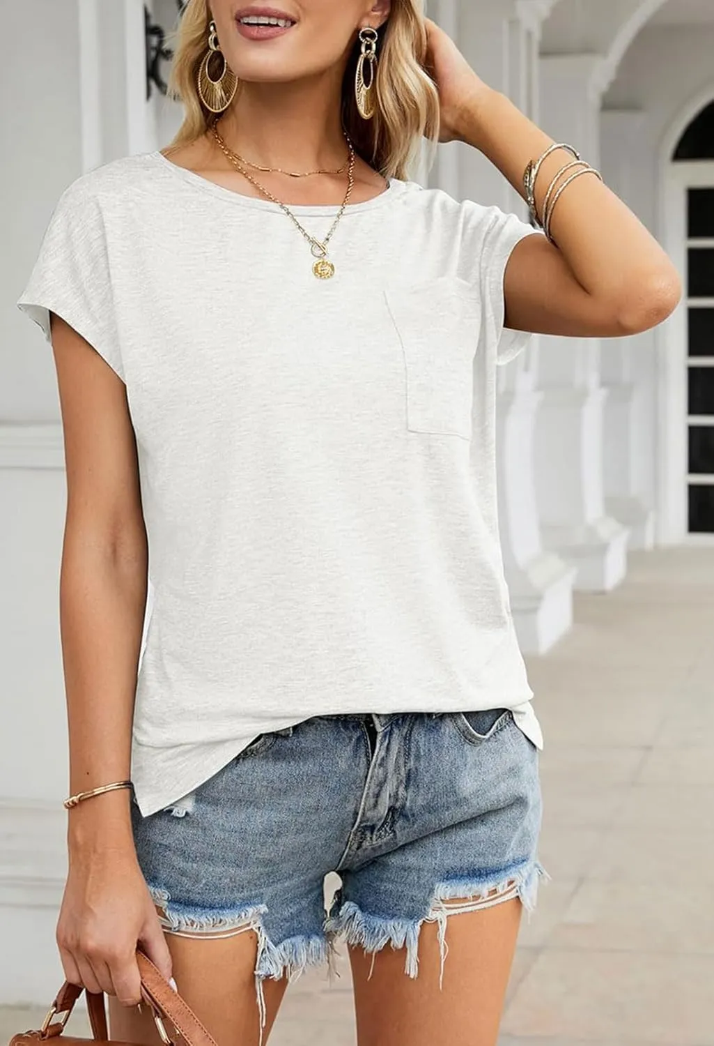 MEROKEETY Women's Casual Cap Sleeve T Shirts Basic Summer Tops Loose Solid Color Blouse
