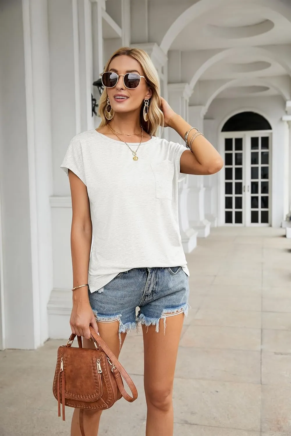 MEROKEETY Women's Casual Cap Sleeve T Shirts Basic Summer Tops Loose Solid Color Blouse