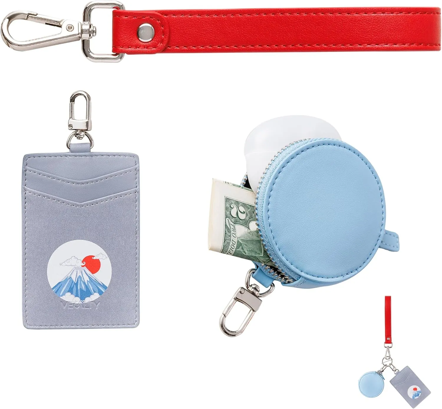 Microfiber Leather Keychain Wristlet Wallet for Women Dual Pouch Wristlet Mini Purse with Card Holder Women Wallet Portable Landyard Coin Purse Keychain