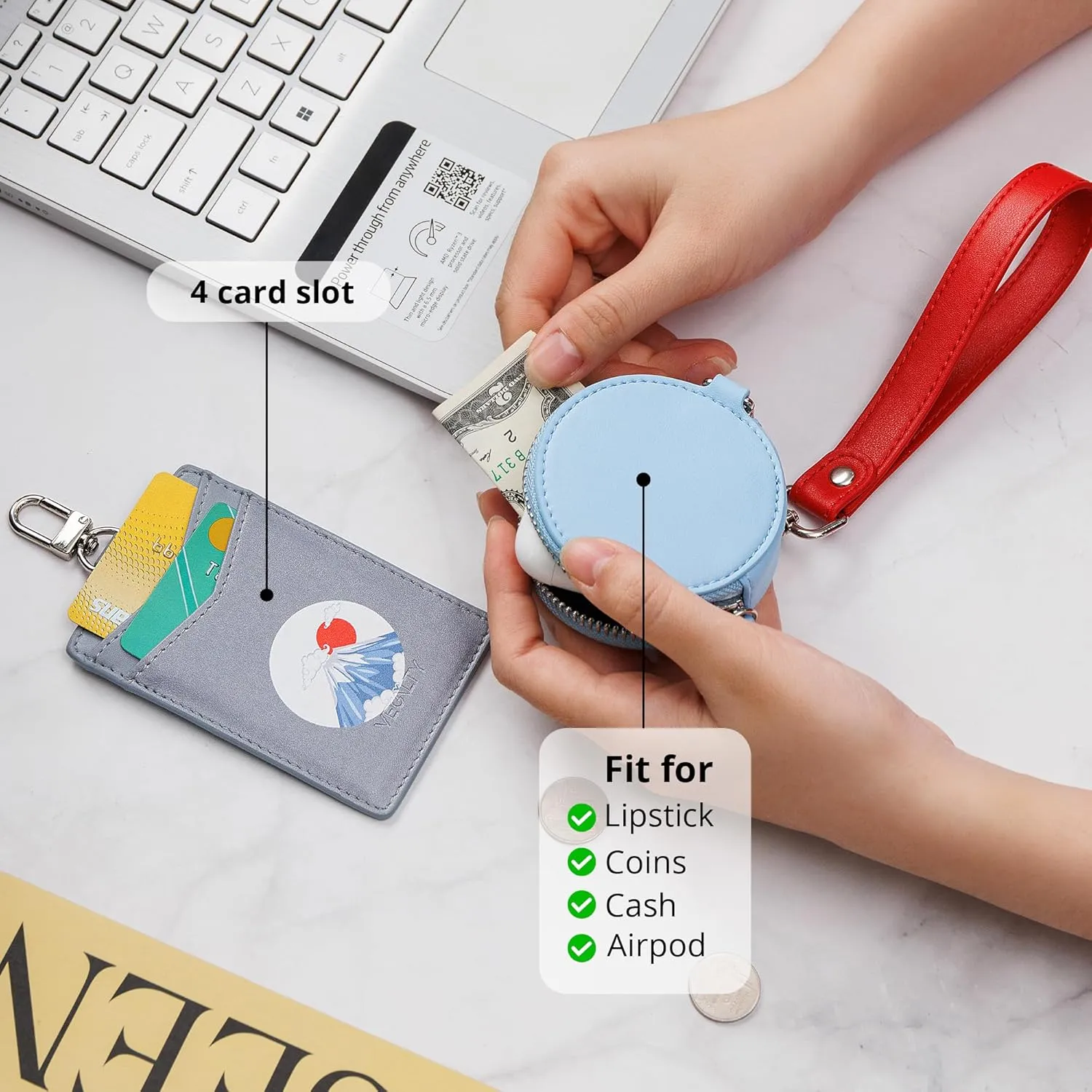 Microfiber Leather Keychain Wristlet Wallet for Women Dual Pouch Wristlet Mini Purse with Card Holder Women Wallet Portable Landyard Coin Purse Keychain