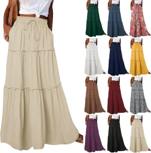 midelxp Pleated Long Skirts for Women Summer Casual Elastic High Waisted Skirts A-Line Flowy Swing Maxi Skirt with Pockets