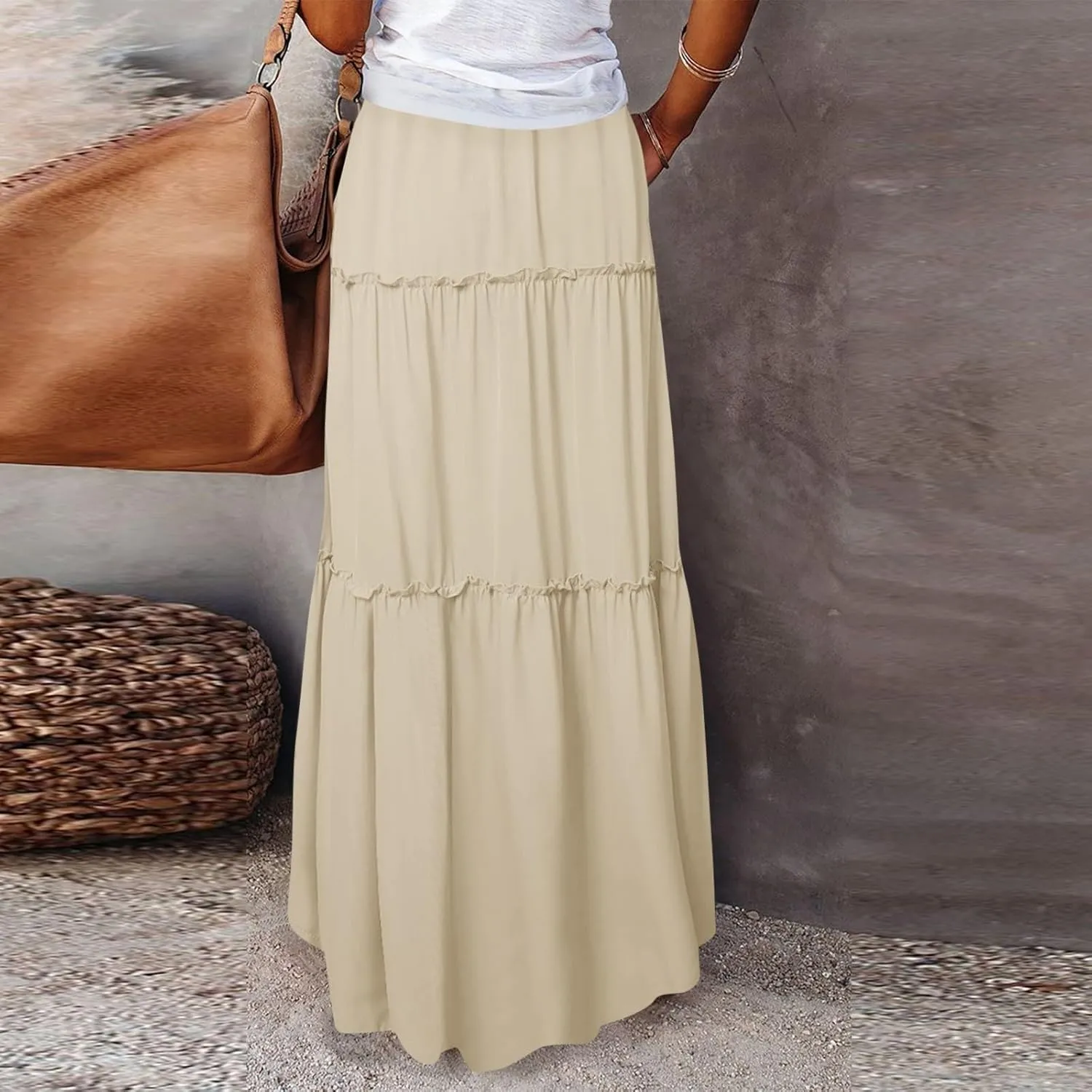 midelxp Pleated Long Skirts for Women Summer Casual Elastic High Waisted Skirts A-Line Flowy Swing Maxi Skirt with Pockets