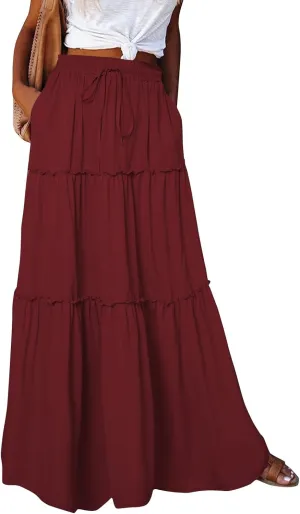 midelxp Pleated Long Skirts for Women Summer Casual Elastic High Waisted Skirts A-Line Flowy Swing Maxi Skirt with Pockets