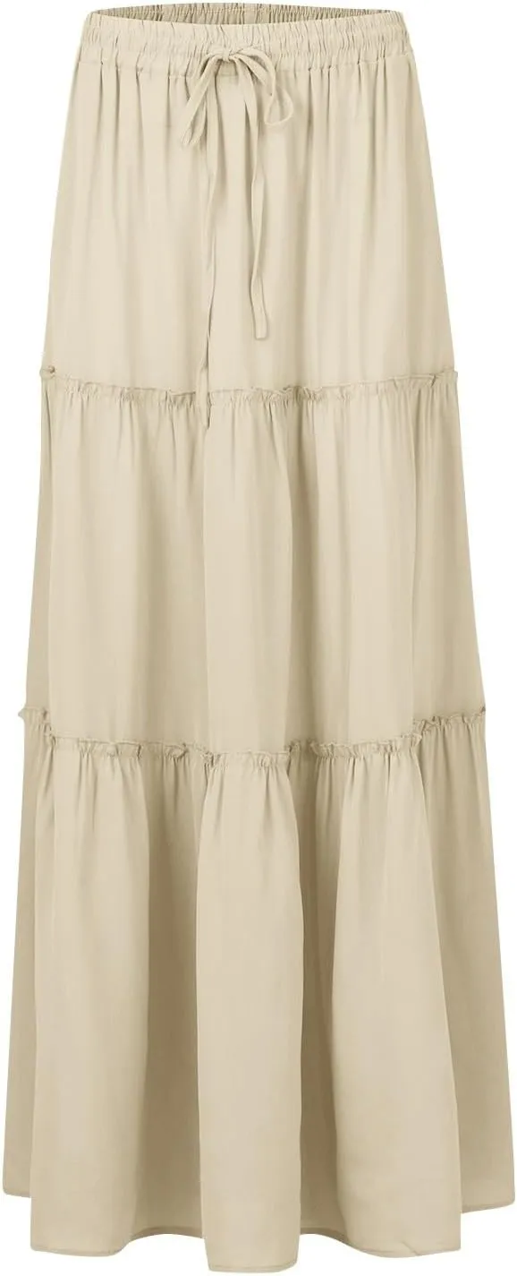 midelxp Pleated Long Skirts for Women Summer Casual Elastic High Waisted Skirts A-Line Flowy Swing Maxi Skirt with Pockets