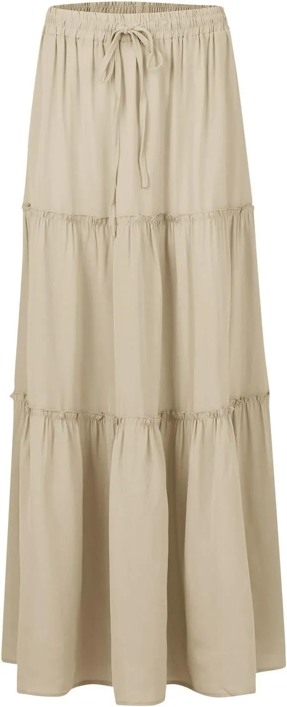 midelxp Pleated Long Skirts for Women Summer Casual Elastic High Waisted Skirts A-Line Flowy Swing Maxi Skirt with Pockets
