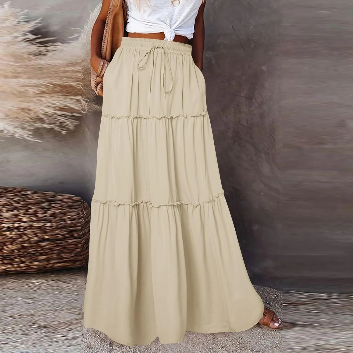 midelxp Pleated Long Skirts for Women Summer Casual Elastic High Waisted Skirts A-Line Flowy Swing Maxi Skirt with Pockets