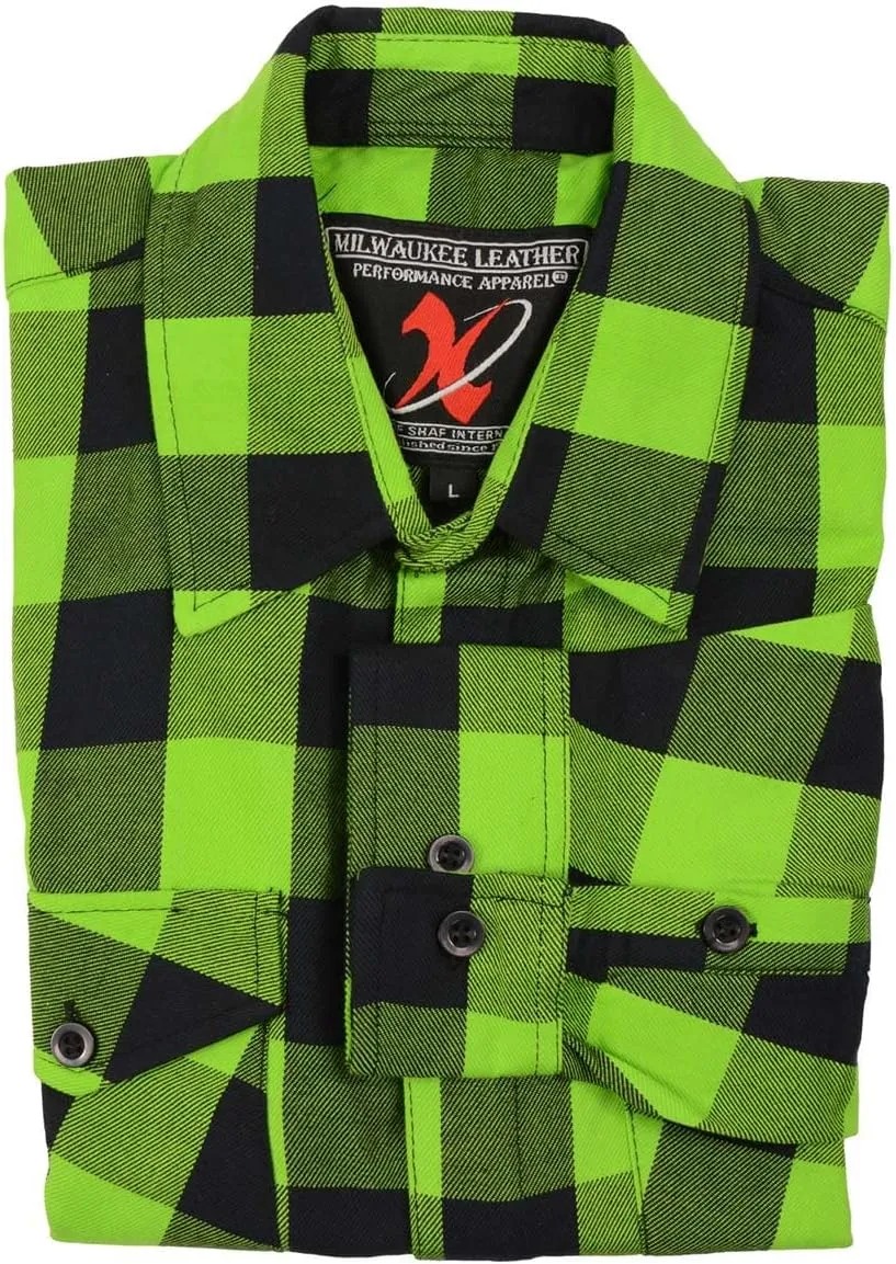 Milwaukee Leather MNG11632 Men's Flannel Plaid Black and Neon Green Long Sleeve Cotton Button Down Shirt