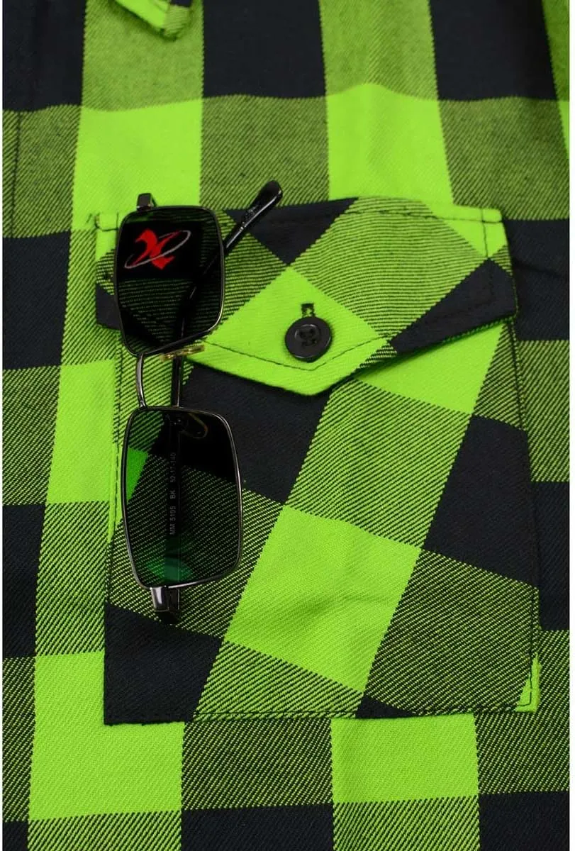 Milwaukee Leather MNG11632 Men's Flannel Plaid Black and Neon Green Long Sleeve Cotton Button Down Shirt