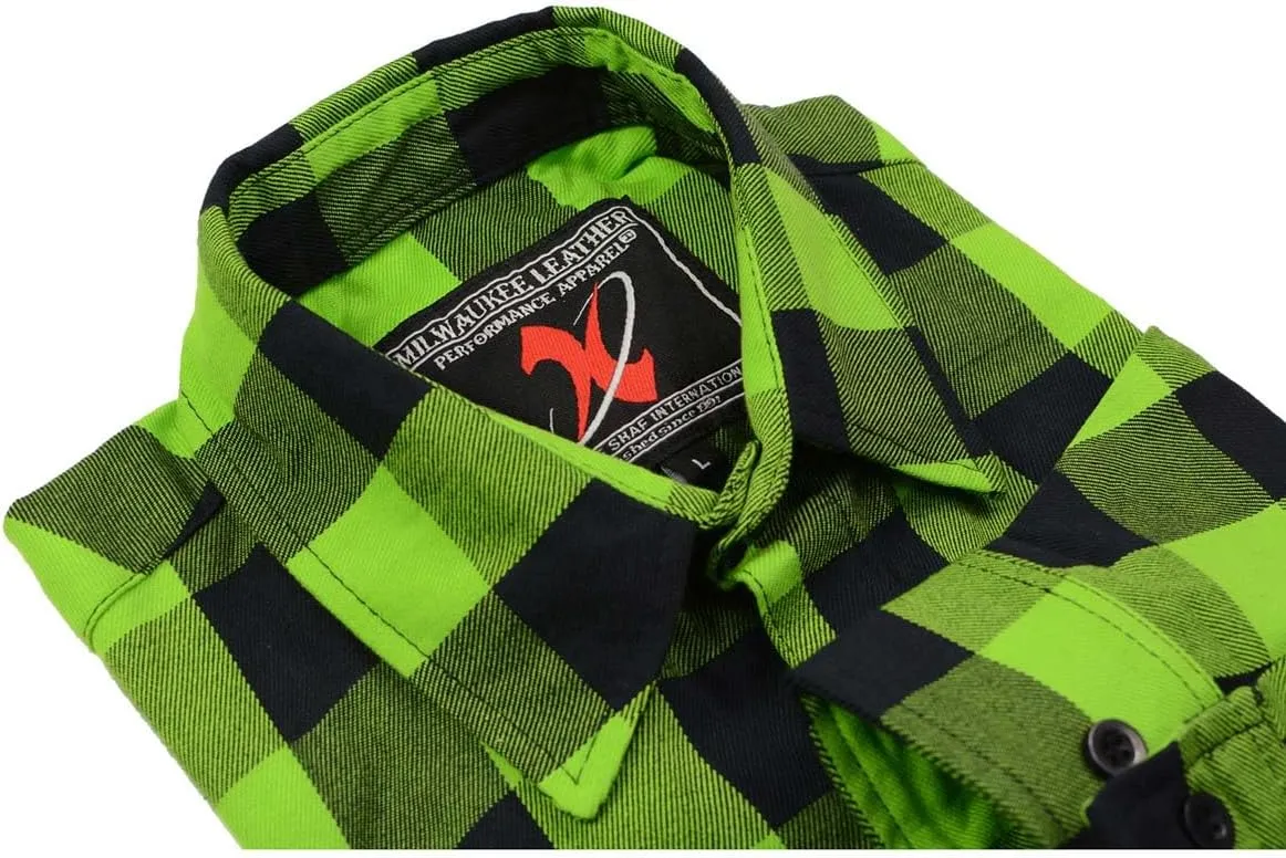 Milwaukee Leather MNG11632 Men's Flannel Plaid Black and Neon Green Long Sleeve Cotton Button Down Shirt