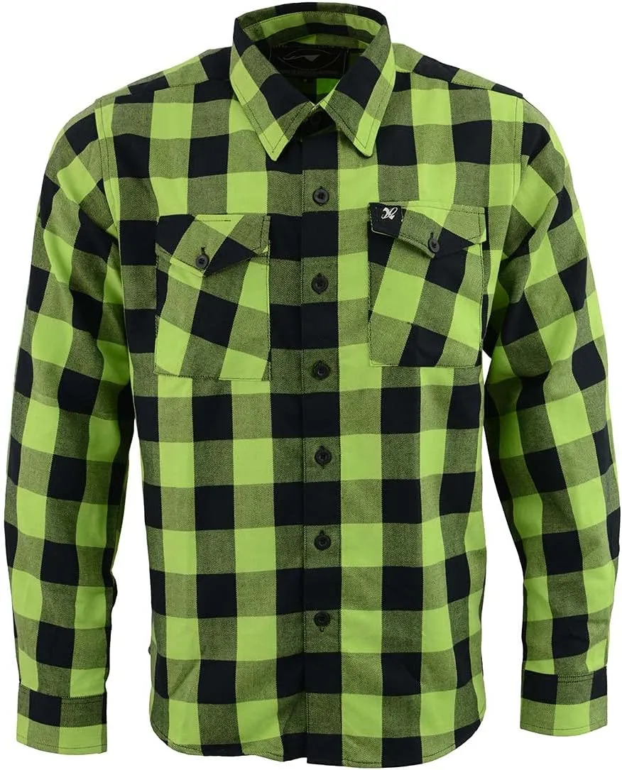 Milwaukee Leather MNG11632 Men's Flannel Plaid Black and Neon Green Long Sleeve Cotton Button Down Shirt