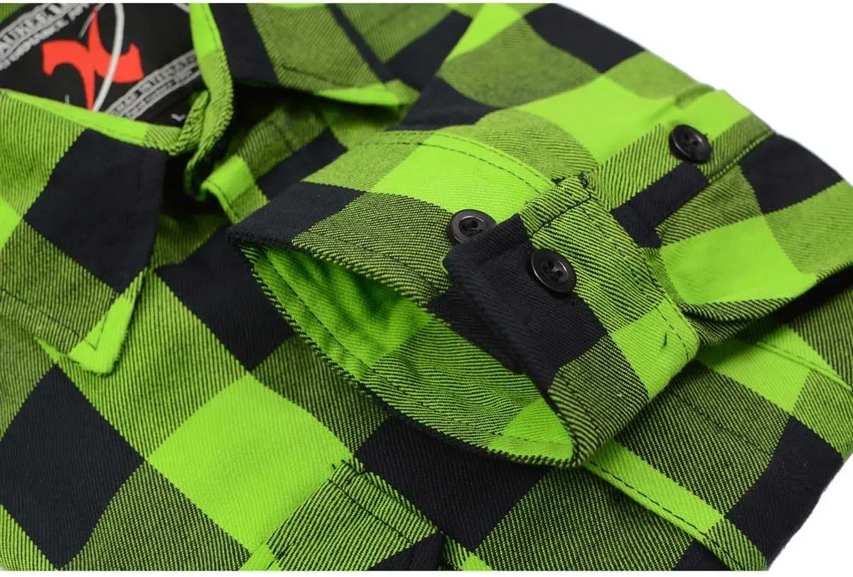 Milwaukee Leather MNG11632 Men's Flannel Plaid Black and Neon Green Long Sleeve Cotton Button Down Shirt