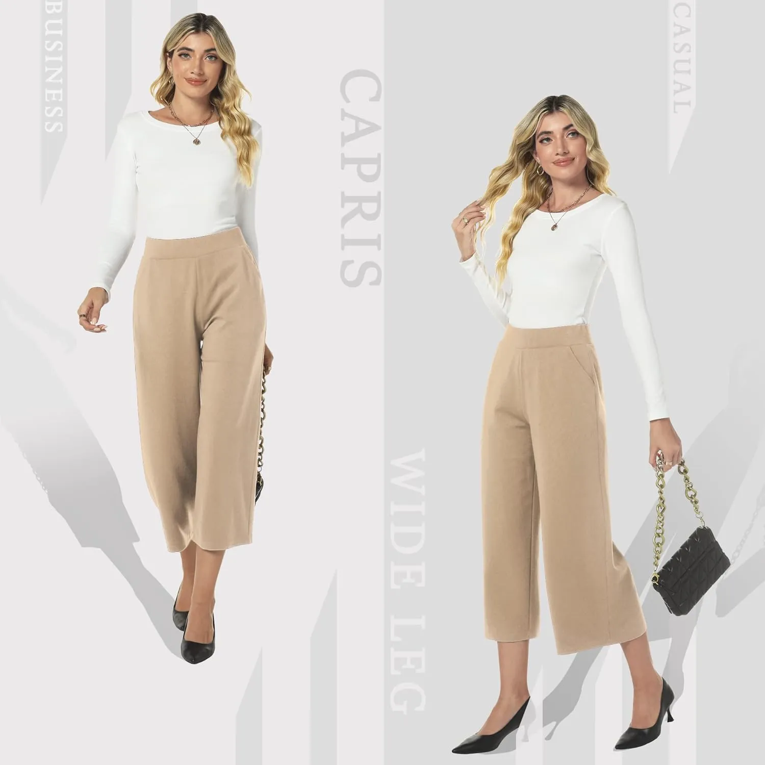 MISS MOLY Women's Wide Leg Pants Business Crop Palazo Dress Pants Capris Culotte Stretch Pull On Work Pants