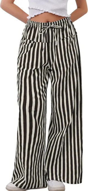 MISSACTIVER Women Drawstring Striped Pants Loose Wide Leg Trousers Casual Low Waist Pants Comfy Lounge Pants with Pockets