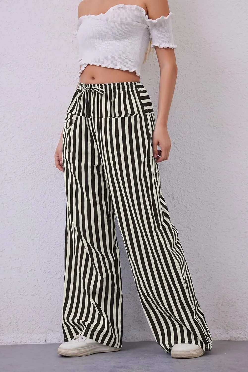 MISSACTIVER Women Drawstring Striped Pants Loose Wide Leg Trousers Casual Low Waist Pants Comfy Lounge Pants with Pockets