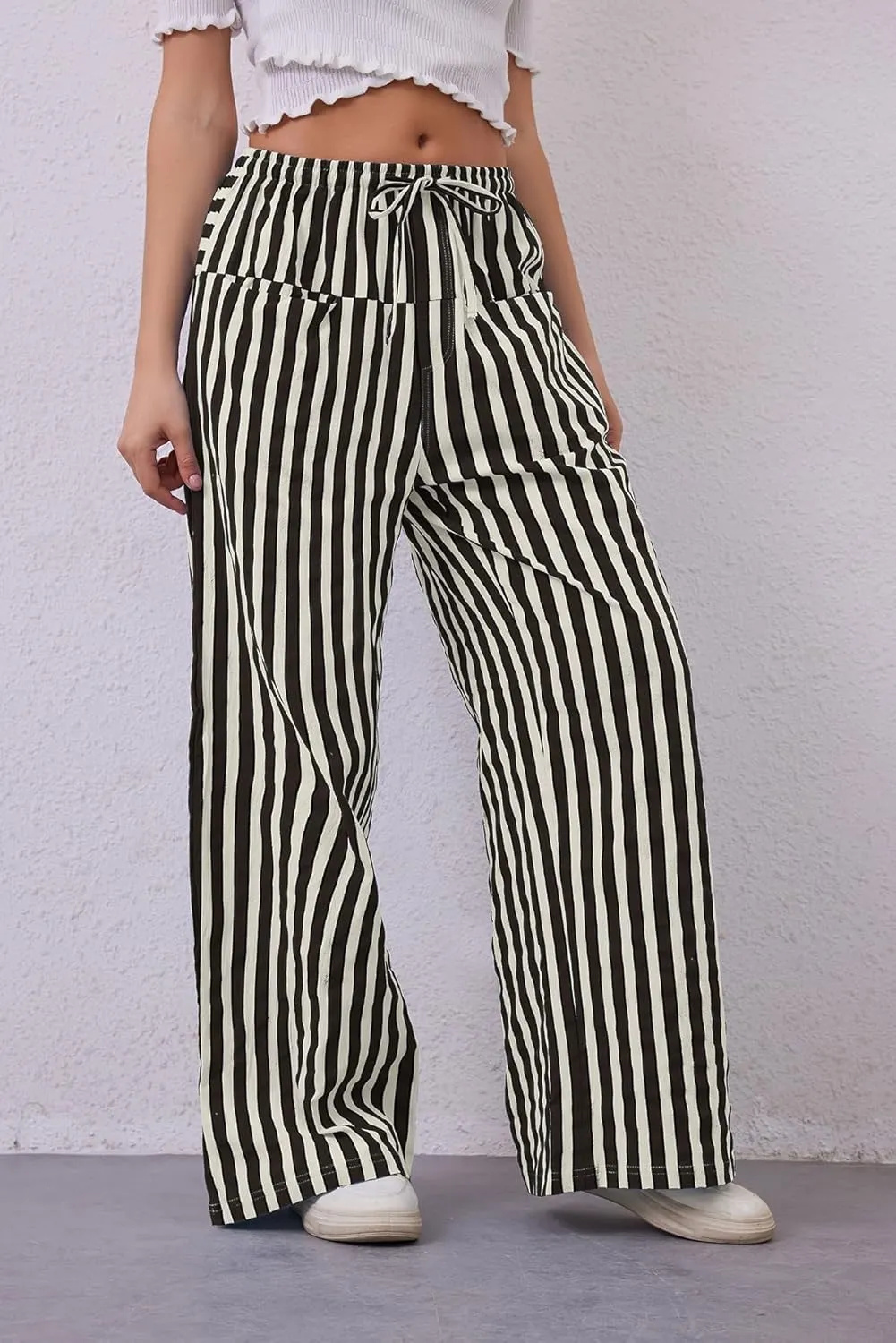 MISSACTIVER Women Drawstring Striped Pants Loose Wide Leg Trousers Casual Low Waist Pants Comfy Lounge Pants with Pockets