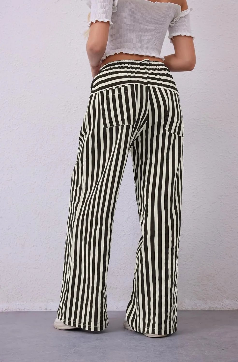 MISSACTIVER Women Drawstring Striped Pants Loose Wide Leg Trousers Casual Low Waist Pants Comfy Lounge Pants with Pockets