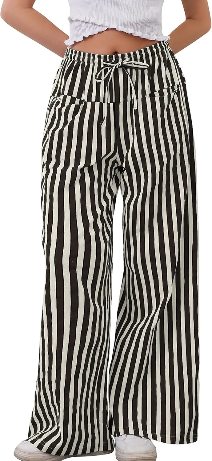 MISSACTIVER Women Drawstring Striped Pants Loose Wide Leg Trousers Casual Low Waist Pants Comfy Lounge Pants with Pockets