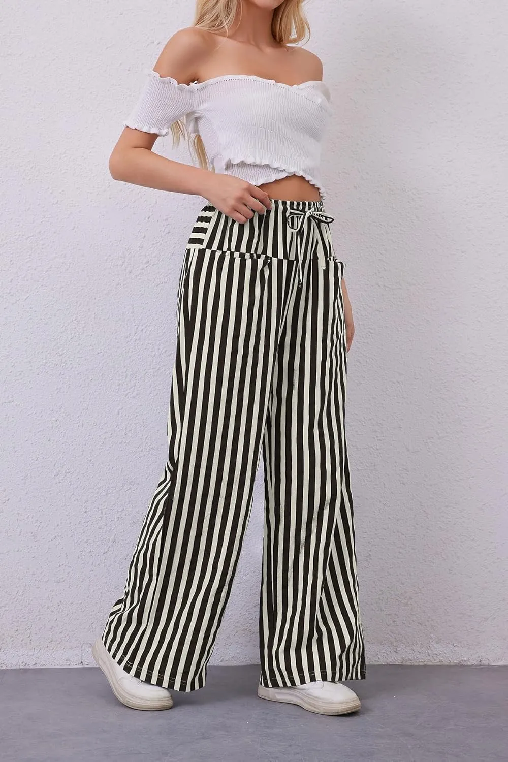 MISSACTIVER Women Drawstring Striped Pants Loose Wide Leg Trousers Casual Low Waist Pants Comfy Lounge Pants with Pockets