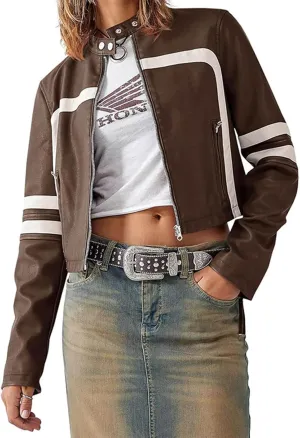 Molilove Leather Jacket Cropped Jacket Motorcycle Jacket for Women Zip Bomber Jacket Women Faux Leather Jacket with Pockets