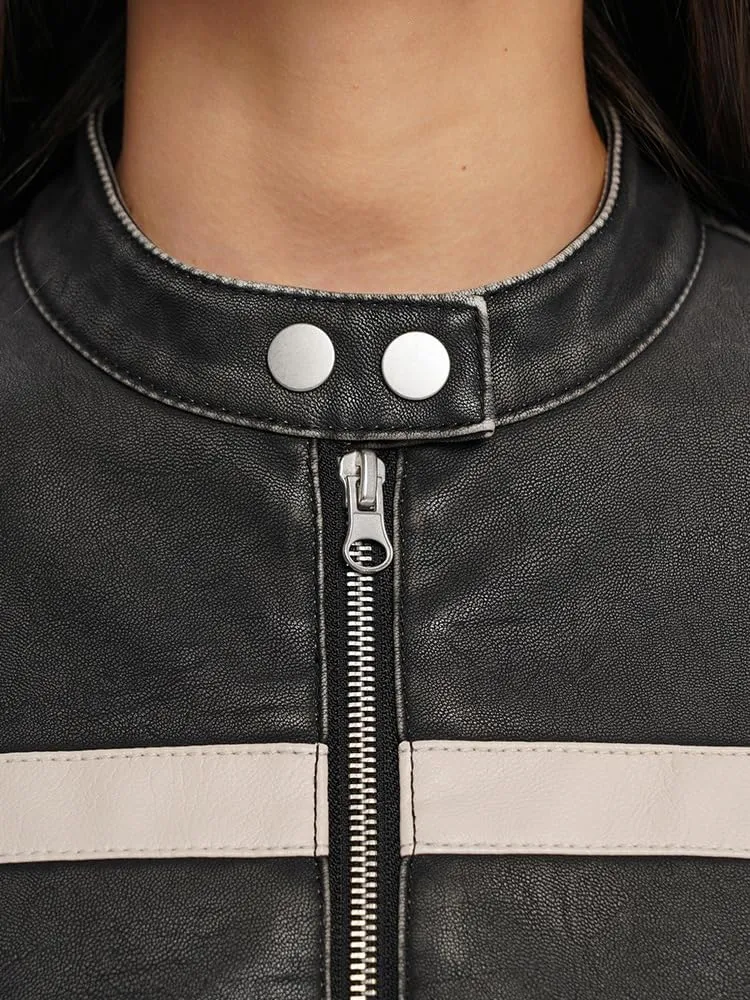 Molilove Leather Jacket Cropped Jacket Motorcycle Jacket for Women Zip Bomber Jacket Women Faux Leather Jacket with Pockets