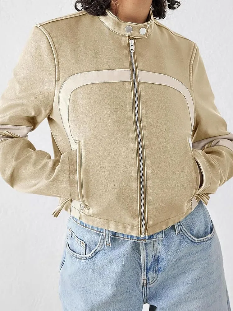 Molilove Leather Jacket Cropped Jacket Motorcycle Jacket for Women Zip Bomber Jacket Women Faux Leather Jacket with Pockets