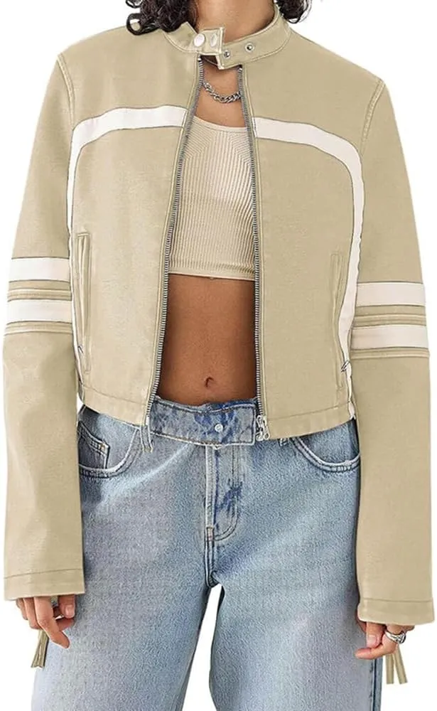 Molilove Leather Jacket Cropped Jacket Motorcycle Jacket for Women Zip Bomber Jacket Women Faux Leather Jacket with Pockets