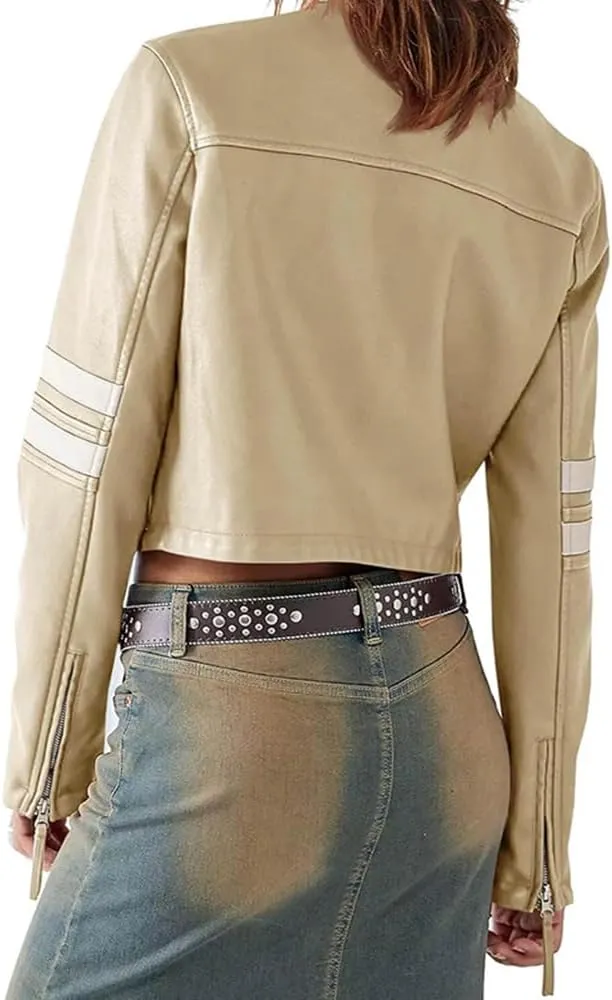 Molilove Leather Jacket Cropped Jacket Motorcycle Jacket for Women Zip Bomber Jacket Women Faux Leather Jacket with Pockets