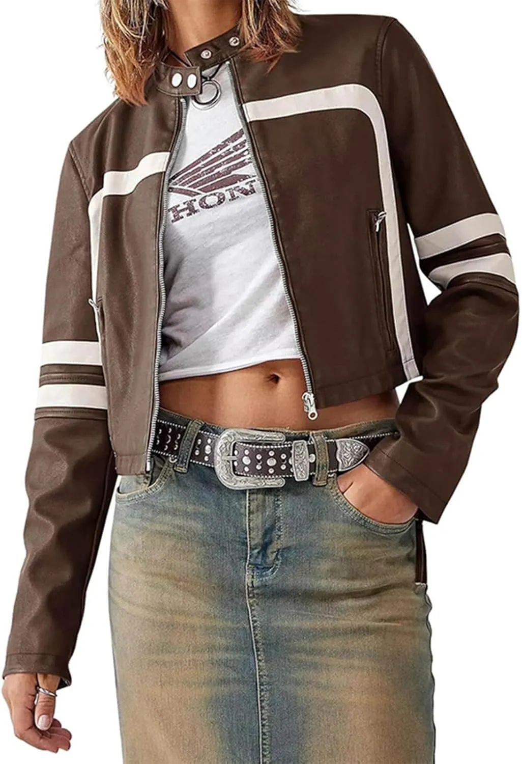 Molilove Leather Jacket Cropped Jacket Motorcycle Jacket for Women Zip Bomber Jacket Women Faux Leather Jacket with Pockets