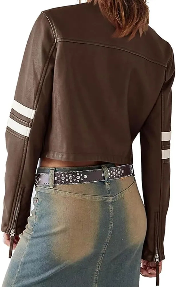 Molilove Leather Jacket Cropped Jacket Motorcycle Jacket for Women Zip Bomber Jacket Women Faux Leather Jacket with Pockets
