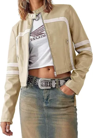 Molilove Leather Jacket Cropped Jacket Motorcycle Jacket for Women Zip Bomber Jacket Women Faux Leather Jacket with Pockets