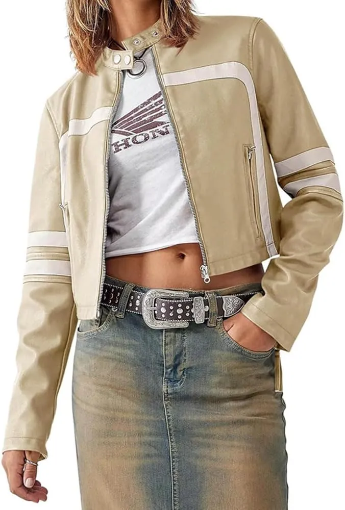 Molilove Leather Jacket Cropped Jacket Motorcycle Jacket for Women Zip Bomber Jacket Women Faux Leather Jacket with Pockets