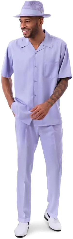 MONTIQUE Walking Suit For Men 2 Piece Set - Short Sleeve Shirt and Long Pants, Solid Colors - 696