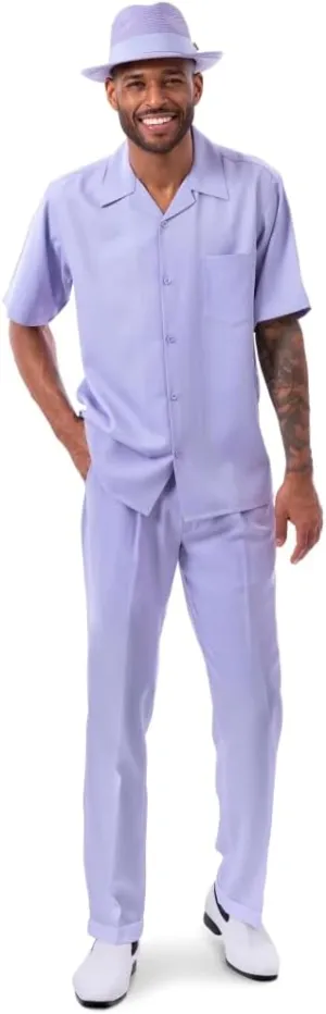 MONTIQUE Walking Suit For Men 2 Piece Set - Short Sleeve Shirt and Long Pants, Solid Colors - 696