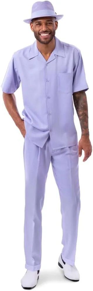 MONTIQUE Walking Suit For Men 2 Piece Set - Short Sleeve Shirt and Long Pants, Solid Colors - 696