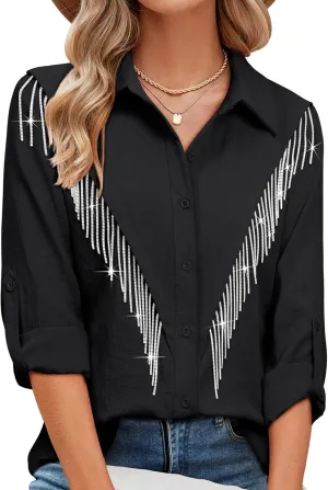 MYMORE Womens Rhinestone Fringe Button Down Shirt Rolled 3/4 Sleeve Sparkly Top Concert Nashville Western Cowgirl Outfit