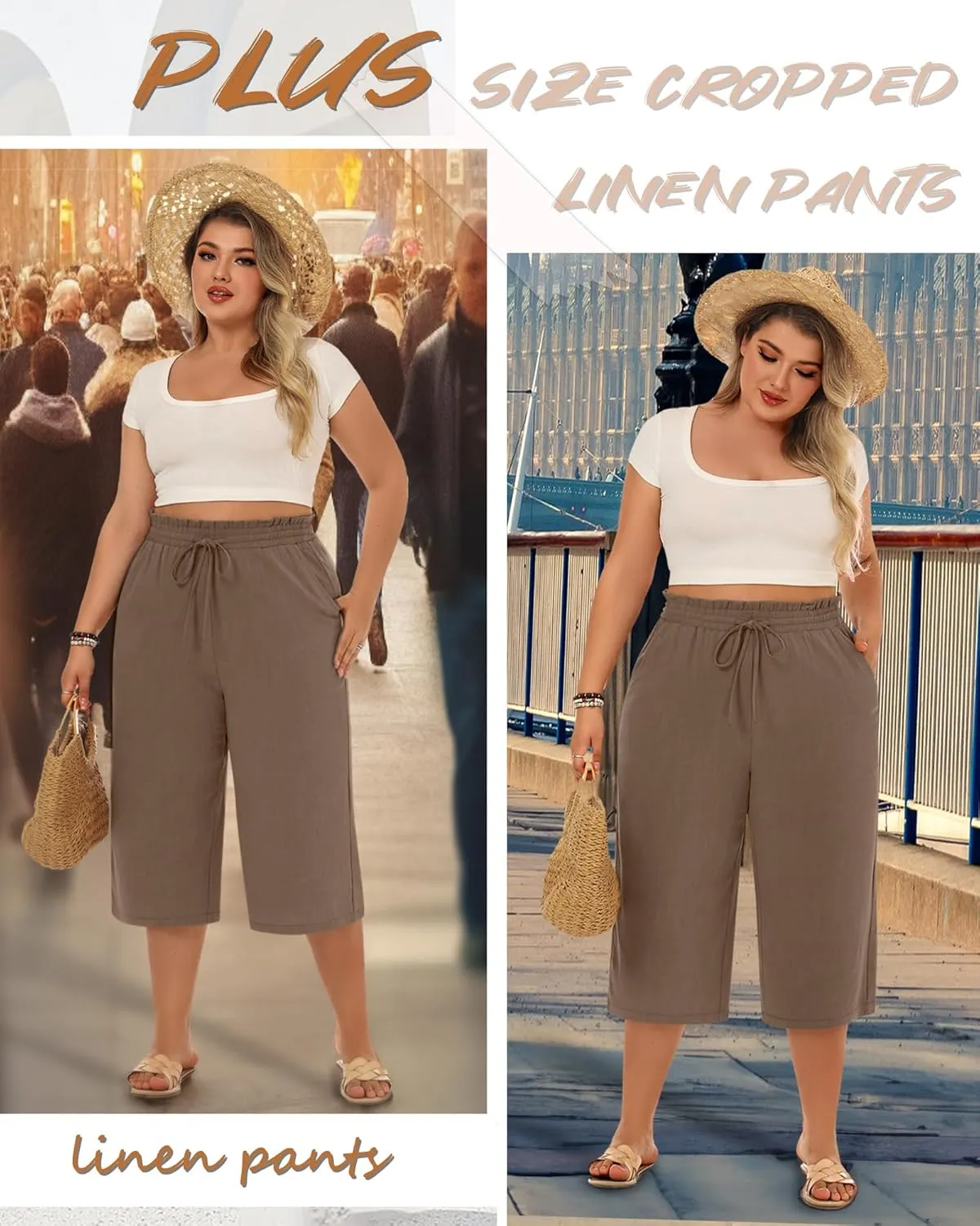 Neer Plus Size Women's Linen Capri Baggy Wide Leg Pant Casual High Waisted Drawstring Lounge Trouser with Pockets