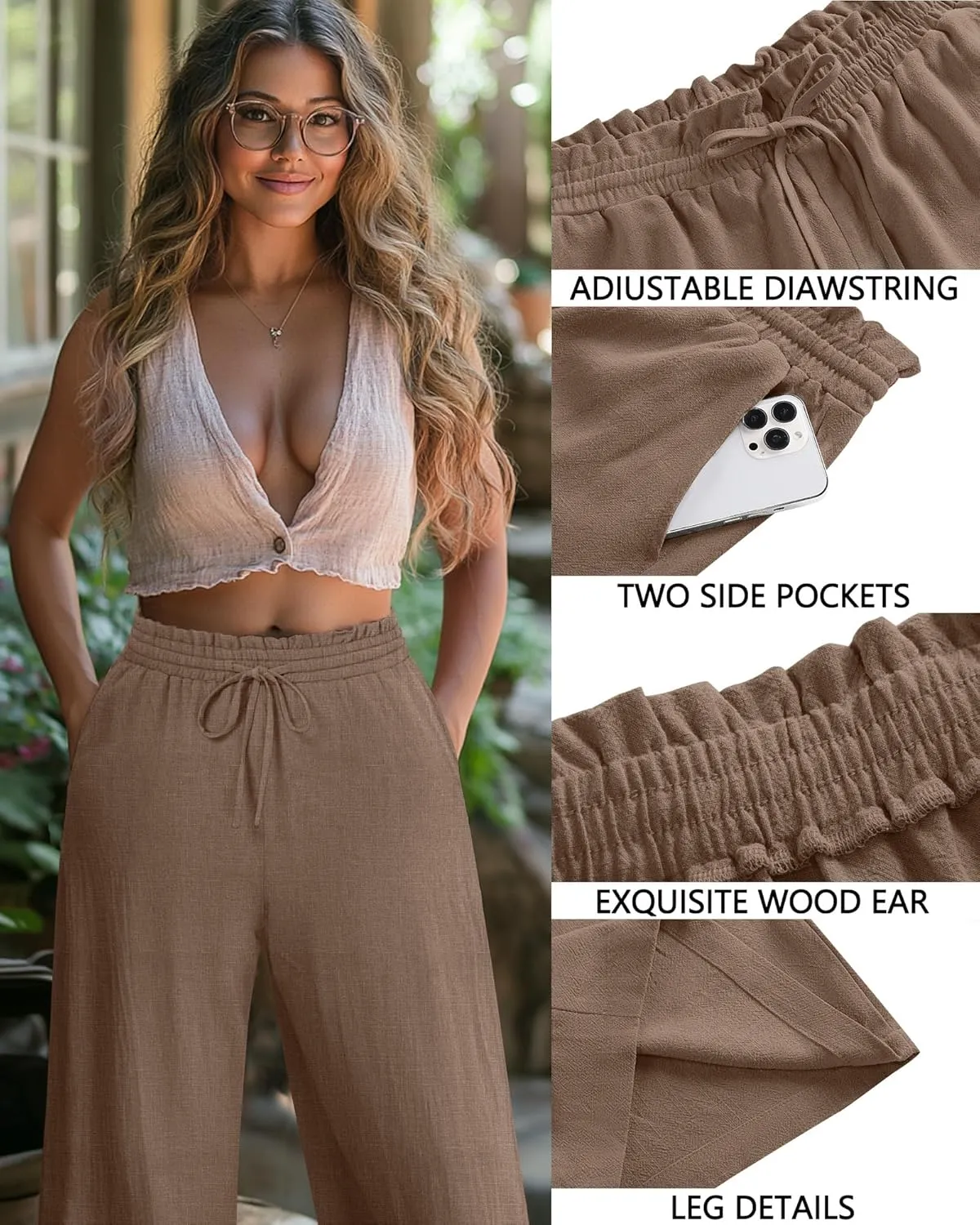 Neer Plus Size Women's Linen Capri Baggy Wide Leg Pant Casual High Waisted Drawstring Lounge Trouser with Pockets