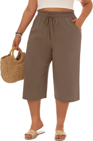 Neer Plus Size Women's Linen Capri Baggy Wide Leg Pant Casual High Waisted Drawstring Lounge Trouser with Pockets