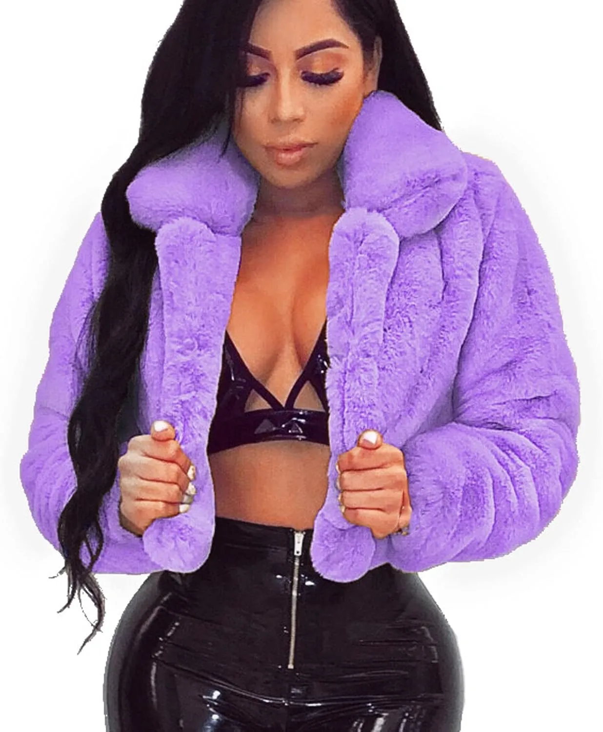 nerohusy Women Fluffy Fleece Coat Faux Fur Padded Jackets Winter Warm Long Sleeve Tops Solid Loose Turn-Down Collar Outerwear