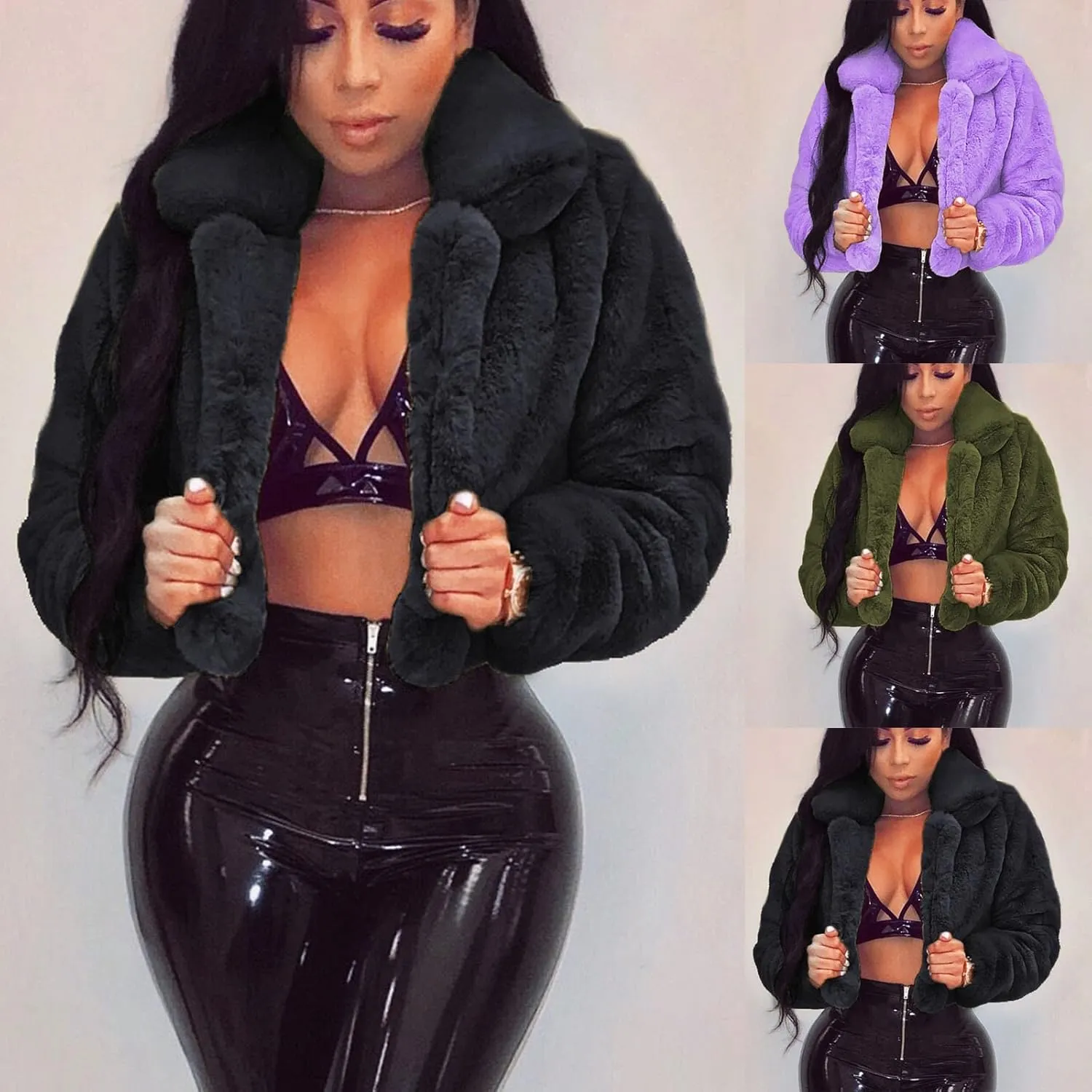 nerohusy Women Fluffy Fleece Coat Faux Fur Padded Jackets Winter Warm Long Sleeve Tops Solid Loose Turn-Down Collar Outerwear