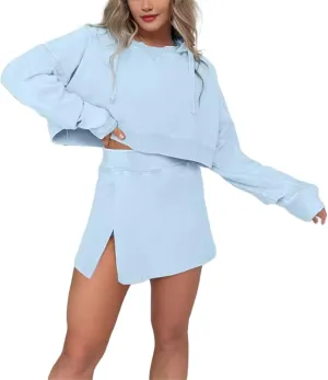 New Lounge Washed Hoodie Skirt Set,Lounge Long Sleeve Skort Set,Mini Skirt Sets Women 2 Piece Outfits
