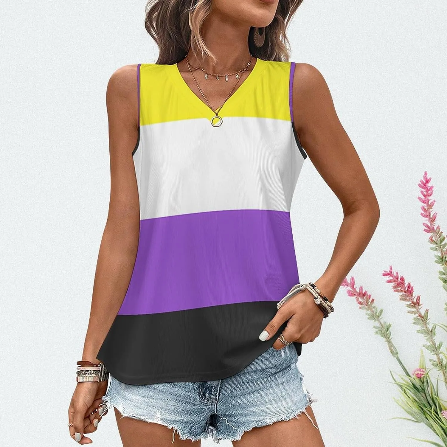 Non-Binary Flag Women's Tank Top Sleeveless V Neck T Shirt Casual Vests Funny Blouses