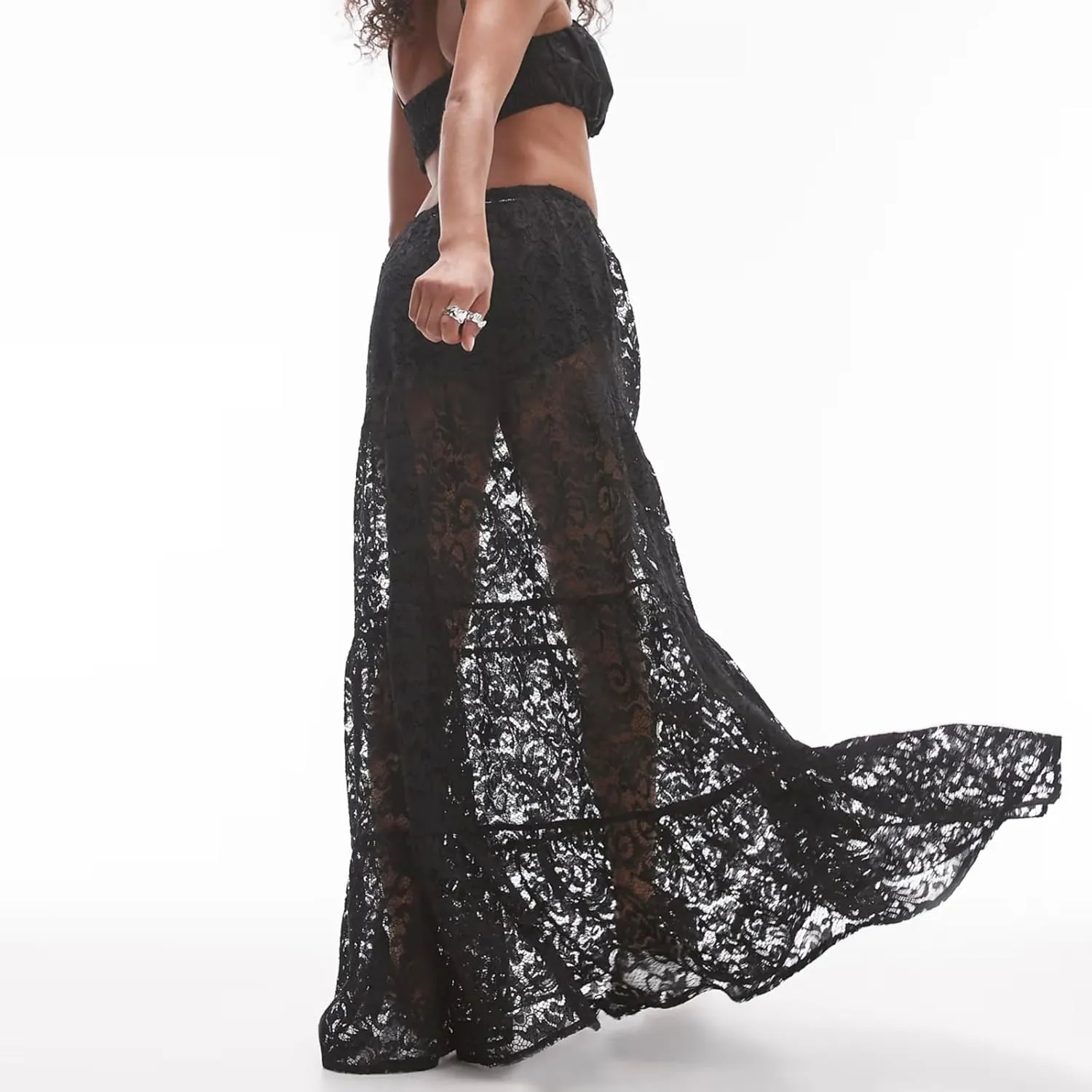 NUFIWI Women Lace Tiered Maxi Skirt Elastic Waist See Through A Line Flowy Slip Skirts Floral Lace Layering Long Skirt
