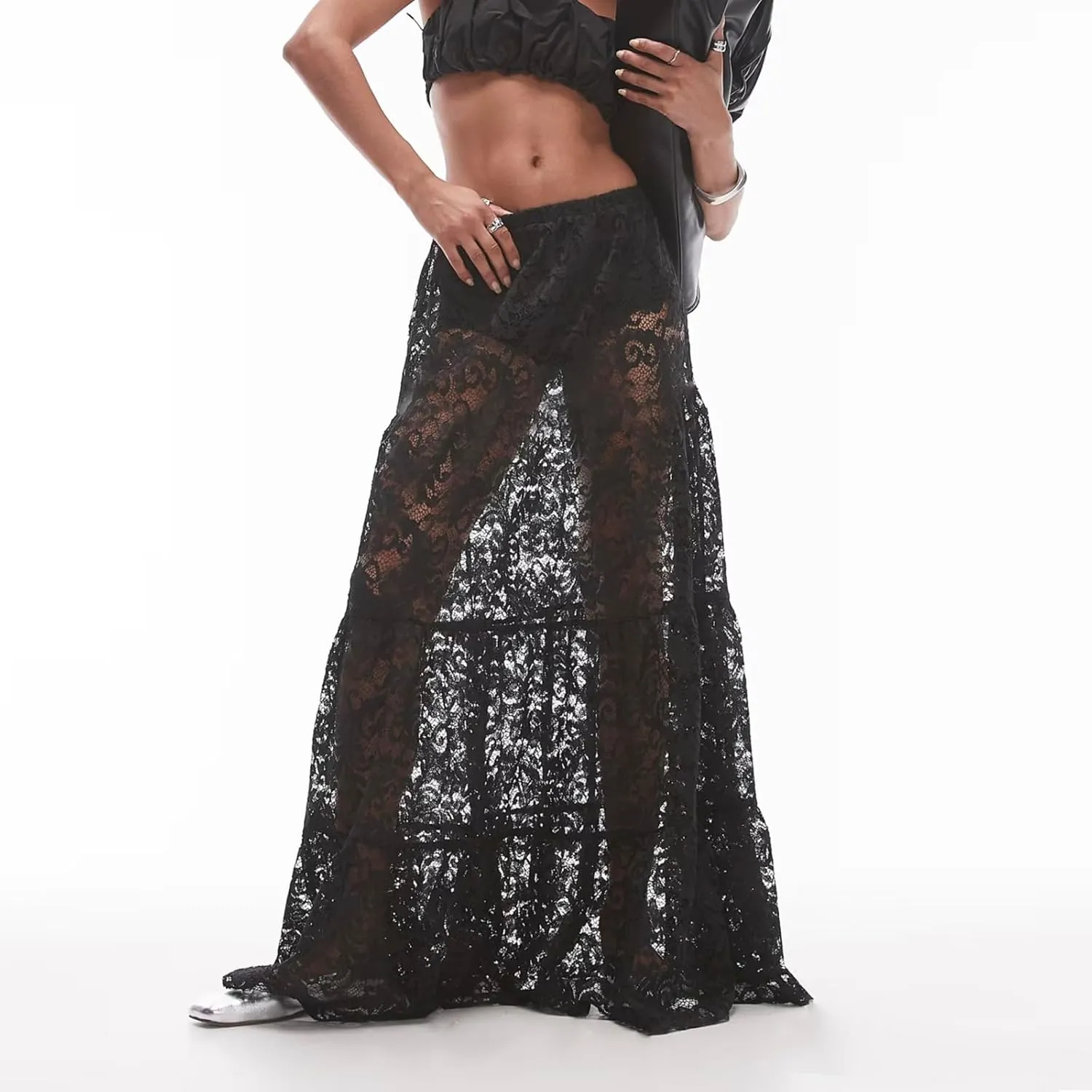 NUFIWI Women Lace Tiered Maxi Skirt Elastic Waist See Through A Line Flowy Slip Skirts Floral Lace Layering Long Skirt