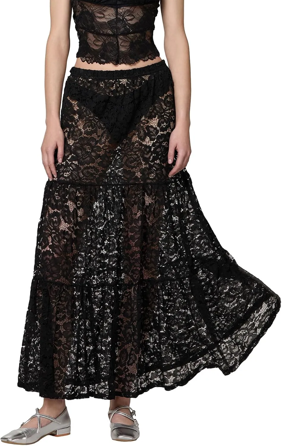 NUFIWI Women Lace Tiered Maxi Skirt Elastic Waist See Through A Line Flowy Slip Skirts Floral Lace Layering Long Skirt
