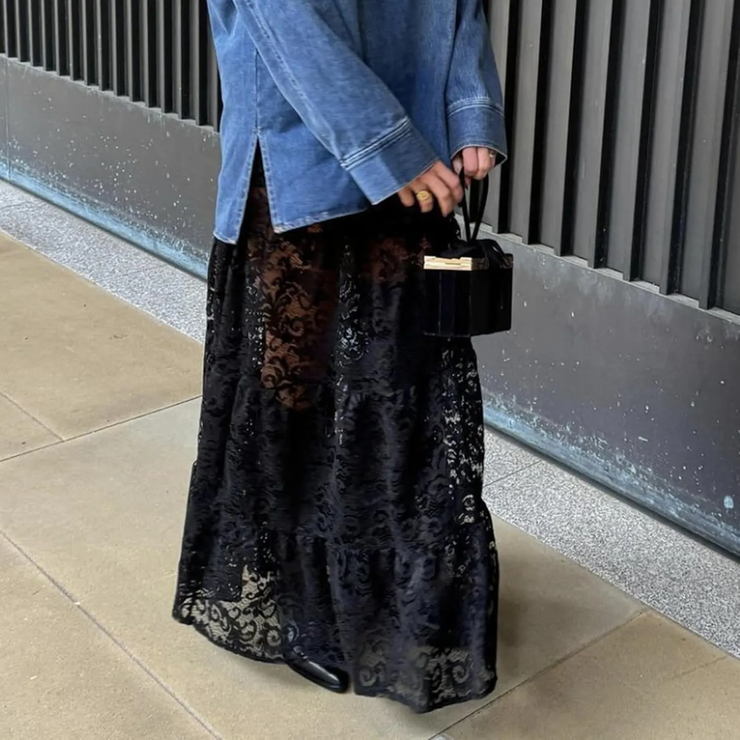 NUFIWI Women Lace Tiered Maxi Skirt Elastic Waist See Through A Line Flowy Slip Skirts Floral Lace Layering Long Skirt