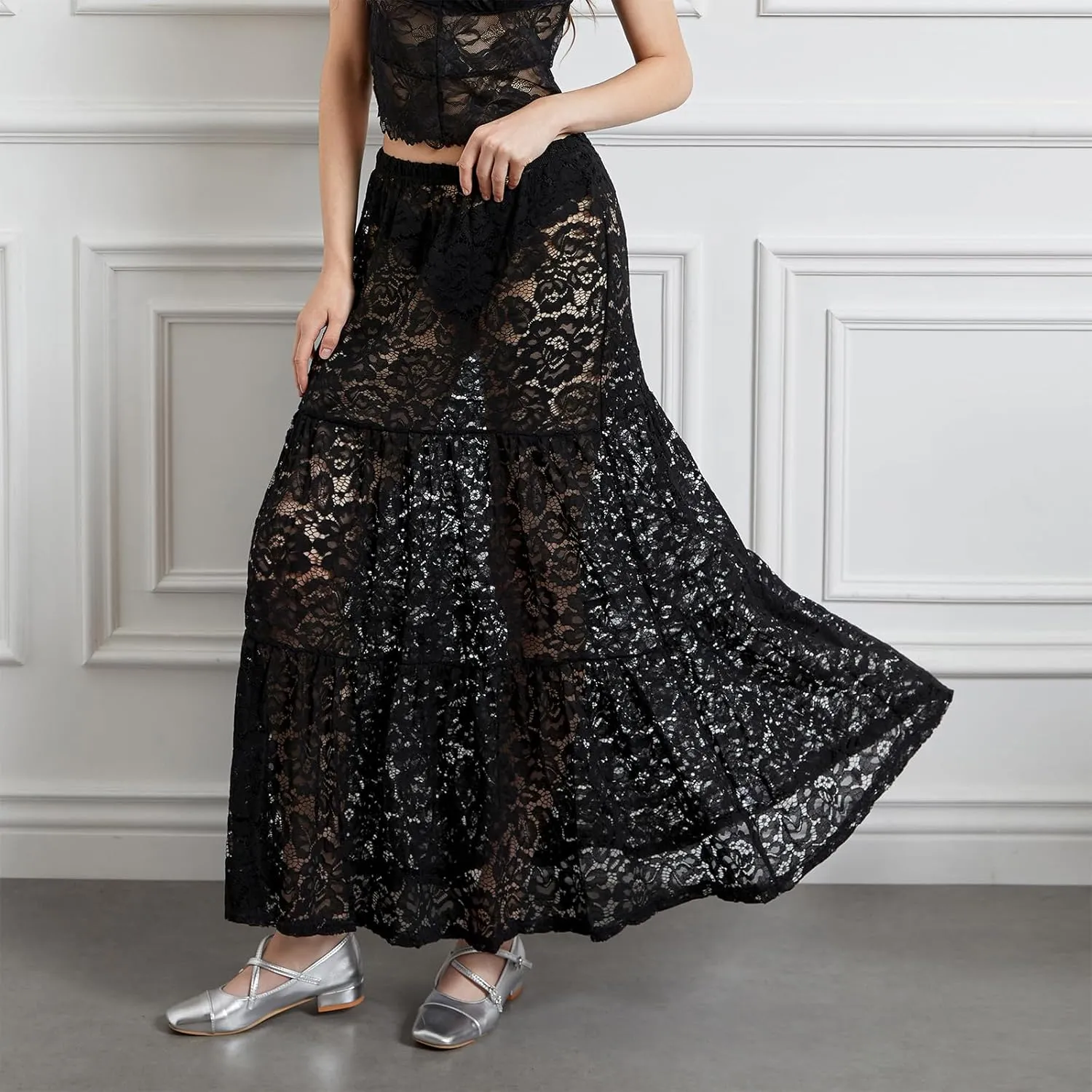 NUFIWI Women Lace Tiered Maxi Skirt Elastic Waist See Through A Line Flowy Slip Skirts Floral Lace Layering Long Skirt